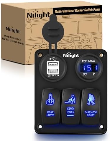 Nilight 3 Gang Rocker Switch Panel 5PIN On Off Laser Pattern Toggle | SPST 12V/20A 24V/10A Dual USB Charger LED Voltmeter Pre-Wired for Rear Rock Sasquatch Lights RV Boats 4X4 Blue