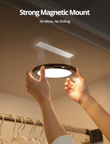 Combuh 2 Pack Black Operated Battery Powered Motion Sensor Ceiling Lights Wireless, Rechargeable 60 Day Battery Life Waterproof Inside Shower Lighting with Remote Magnetic No Wiring for Garage Closet