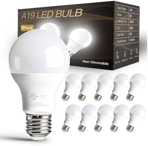 dalattin A19 LED Light Bulbs 60 Watts Equivalent Bulbs,800 LM,Non-Dimmable,Efficient 9W Energy Saving Lights for Living Room,Office,80+ CRI,120V,UL Listed (Daylight White 5000k, 10 Counts)