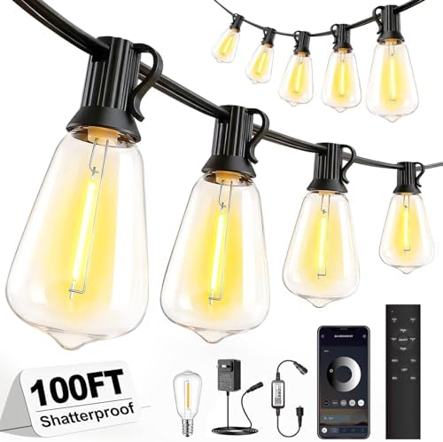 Outdoor String Lights 100FT, APP & Remote Control Dimmable Patio Lights, Plug in LED String Lights with Timer, Waterproof Backyard Pergola Garden Party Decor