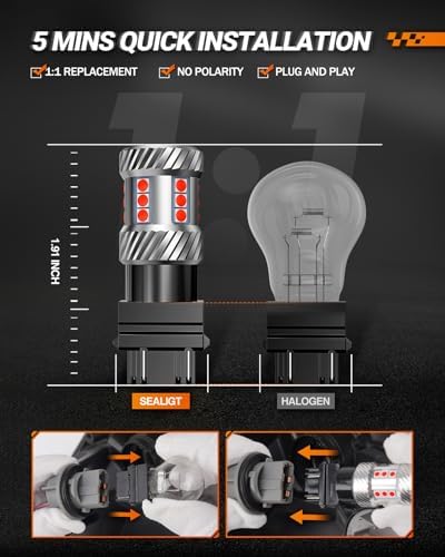 SEALIGHT 3157 LED Bulb Brake Light, 1000% Brighter 3156 LED Bulb Red Super Bright 3056 3057 3047 4057 Bulbs with HD Projector Len, Tail Brake Stop Lights Taillights for Cars, Brilliant Red 2PCS