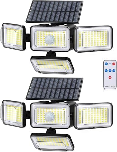 Solar Lights Outdoor Waterproof, 288 LED 2800LM Motion Sensor Outdoor Lights with Remote Control, 4 Head Solar Flood Lights Outdoor for Patio, Garage, Yard, Wall, IP65 Security Lights 2 Pack