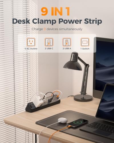 TESSAN Desk Clamp Power Strip 6 Ft with 2100J Surge Protector, Black