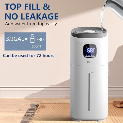 KZF Humidifiers for Bedroom, 15L Large Room Humidifier, 2000 Sq.ft Coverage, 72Hrs Runtime, Top Fill, 26dB Quiet, 3 Mist Levels & Diffuser, Auto Shut-Off, Ready for Baby Nursery Home and Plants