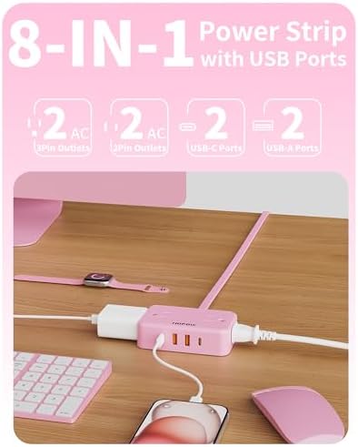 HOPOW Pink Extension Cord, 6 FT Flat Plug Power Strip, 4AC&2A2C, 1625W/13A