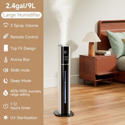 2.4Gal/9L Top Fill Quiet Ultrasonic Humidifier for Large Room Bedroom, Cool Mist Humidifier with Remote, Auto Humidity Control, 3 Speed Modes, 48H Runtime, Indoor Baby Pet Plant Friendly