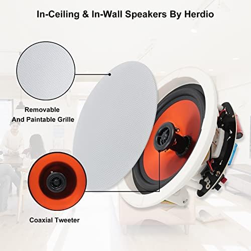 Herdio 6.5'' Bluetooth Ceiling Speakers 600W 2-Way Flush Mount Speakers System with Wall Amplifier Receiver for Home Theater Office (2 Pairs, Paintable-Grille)
