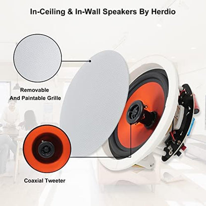 Herdio 6.5'' Bluetooth Ceiling Speakers 600W 2-Way Flush Mount Speakers System with Wall Amplifier Receiver for Home Theater Office (2 Pairs, Paintable-Grille)