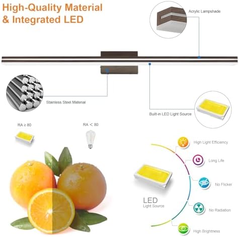 SineRise LED Modern Bathroom Vanity Light Fixtures (48-Inch, 3000K/4000K/6000K, Dimmable), Brown Wood Painted Modern Acrylic Bathroom Wall Lighting Fixtures Over Mirror