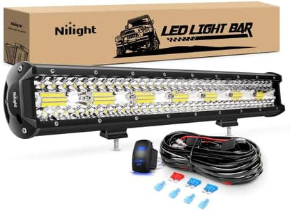 Nilight 20 Inch 420W LED Light Bar Triple Row Flood Spot Combo 42000LM Driving Boat Led Off Road Lights with 12V On/Off 5 Pin Rocker Switch 16AWG Wiring Harness Kit, 2 Years Warranty