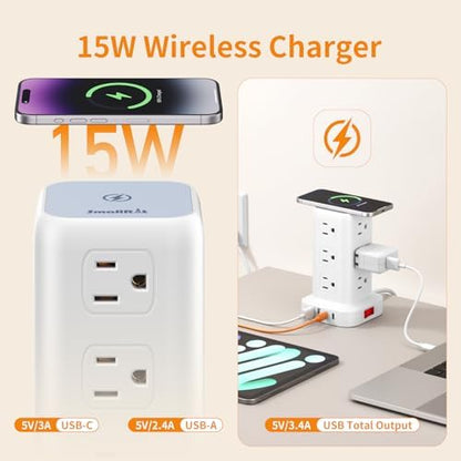 Extension Cord with Multiple Outlets, SMALLRT Power Strip Tower, 10FT Outlet Extender with 12 AC Outlets 4 USB, Power Strip with USB Ports for Home Office Dorm Room,Overload Protection