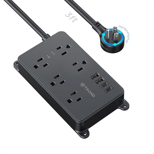 TROND 360° Rotating Flat Plug Power Strip, 3ft Extension Cord, Black