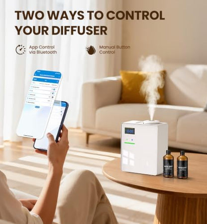 Waterless Essential Oil Diffuser with 2 x 100ML Oils, 5000 Sq.Ft Whole House Scent Machine, 200ml Cold Air Fragrance Diffuser with Bluetooth App Control for Home Hotel Office, White