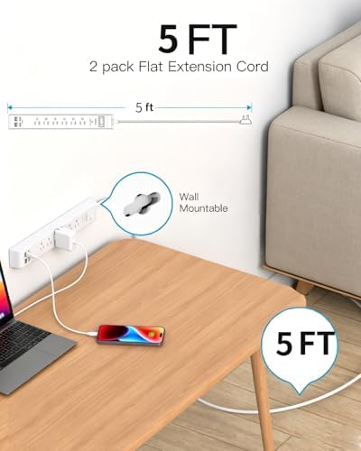 2 Pack Power Strip, 5FT Extension Cord, Surge Protector with 6 Outlets and 4 USB Ports (2 USB C), Flat Plug Overload Protection, Extension Cord with Multiple Outlets, Wall Mount for Home Dorm College