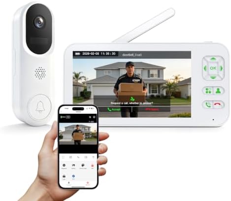 Video Doorbell Camera with Monitor Wireless, Smart Video Door Phone Intercom with 5" Screen, WiFi 1080P, Two-Way Audio, Motion Detection, No Subscription, APP Control