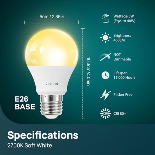 Linkind A19 LED Light Bulbs, 40 Watt Equivalent, 2700K Soft White 6 Packs