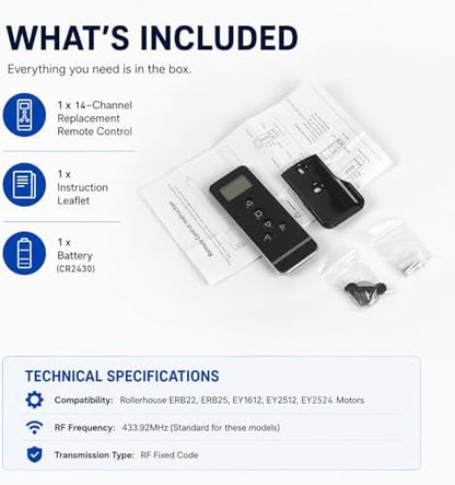 15-Channel Blind Remote Controller, Black -Replacement for Motorized Roller Shades, Window Blinds & Shades - Compatible with Rollerhouse ERB22,ERB25, EY1612, EY2512 Motors