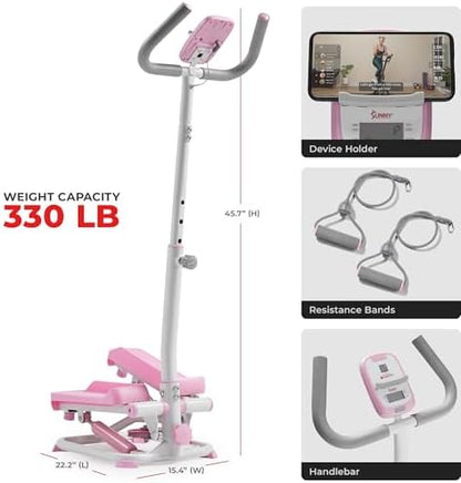 Sunny Health & Fitness Smart Stair Stepper w/Handlebar & Resistance Bands | 330 lb Capacity, Adjustable Handlebar & Step Height, Stair Climber, Device Holder, Hydraulic Resistance, SunnyFit App