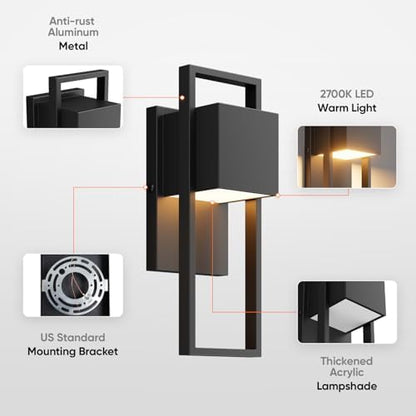 2-Pack Modern Outdoor Wall Lights, LED Black Porch Light, 3000K