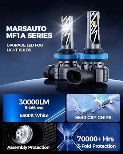 Marsauto H11/H8 LED Fog Light Bulb, 30,000LM 800% Brightness, H11 H16 H8 LED Bulb Fog Lights, 6500K Cool White Non-Polarity, For DRL Use, Tire Light Assemblies (Pack of 2)