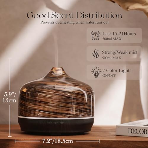 Porseme 500ml Glass Essential Oil Diffuser Aromatherapy Ultrasonic Cool Mist Humidifier 15-21 Running Hours Waterless Auto-Off Air Diffusers for Sleeping Yoga Working Spa(Dark Golden)