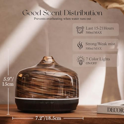 Porseme 500ml Glass Essential Oil Diffuser Aromatherapy Ultrasonic Cool Mist Humidifier 15-21 Running Hours Waterless Auto-Off Air Diffusers for Sleeping Yoga Working Spa(Dark Golden)