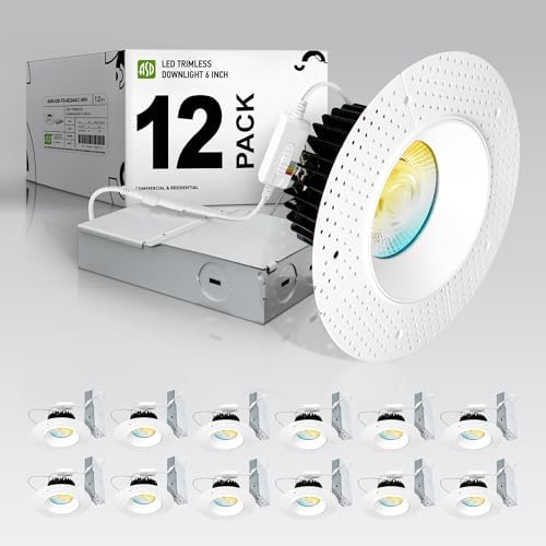 ASD 6 Inch Trimless LED Recessed Ceiling Light Fixture, Mud-in Canless Downlight with Junction Box, 5CCT 2700K-5000K, 24W 2075 Lumens, CRI90+, Anti-Glare, Dimmable, IC & Wet Rated, ETL, 12 Pack