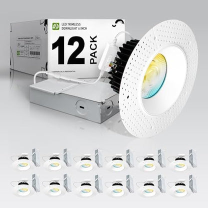 ASD 6 Inch Trimless LED Recessed Ceiling Light Fixture, Mud-in Canless Downlight with Junction Box, 5CCT 2700K-5000K, 24W 2075 Lumens, CRI90+, Anti-Glare, Dimmable, IC & Wet Rated, ETL, 12 Pack