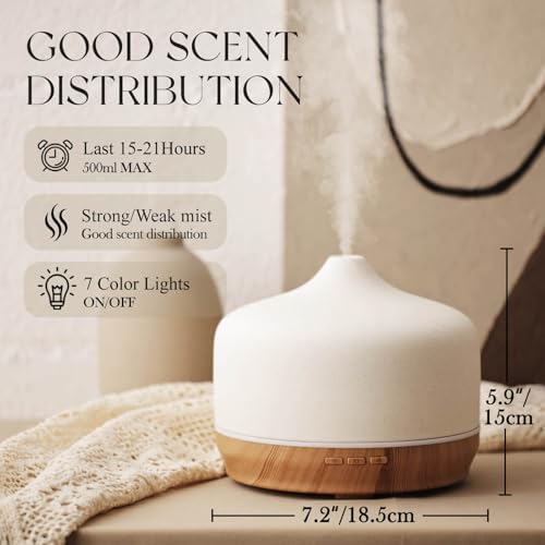 Porseme 500ml Essential Oil Diffuser Aromatherapy Ultrasonic Cool Mist Humidifier 15-21 Running Hours Waterless Auto-Off Air Diffusers for Sleeping Yoga Working Spa(White Ceramic)