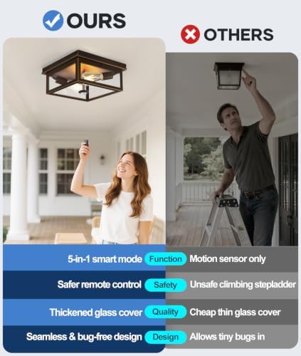 Motion Sensor Outdoor Ceiling Light with Remote, 12.2 Inch Oil Rubbed Bronze Flush Mount Porch Light Fixture with United Glass Cover, 5 Modes Outside Flush Mount Light for Porch, Garage, Patio
