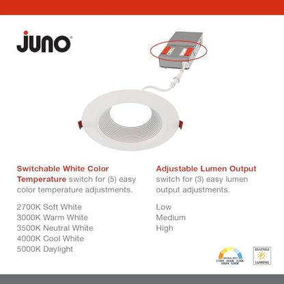 Juno 4" Canless Wafer LED Light, 5-in-1 CCT, Deep Regressed Baffle Trim