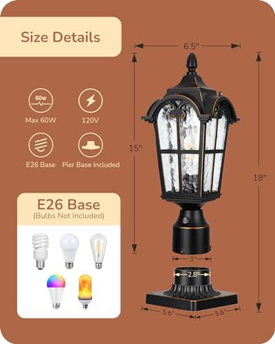 EDISHINE Dusk to Dawn Outdoor Post Light with Pier Mount Base, Hardwired Black Roman Waterproof Pole Lantern Fixture, Water Ripple Glass Exterior Lamp Post Light for Driverway, Patio, Pathway