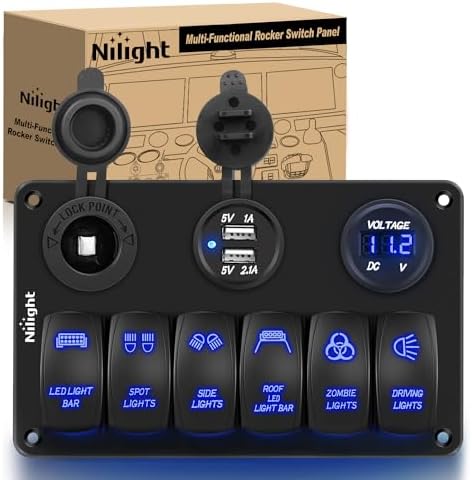 Nilight 6 Gang Rocker Switch Panel Laser Etched Aluminum Light Bar Switch with Cigarette Lighter USB Charger Voltmeter for 12V 24V Cars Boats Trailers