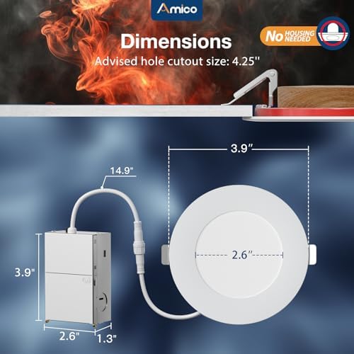 Amico 12 Pack 4 Inch Fire Rated LED Recessed Light, 2 HR Fire Rating, 5CCT
