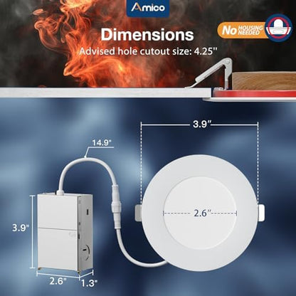 Amico 12 Pack 4 Inch Fire Rated LED Recessed Light, 2 HR Fire Rating, 5CCT