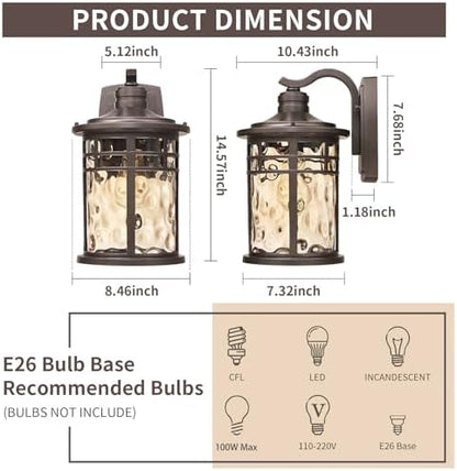 Darkaway Outdoor Wall Light Fixture,14.57inch Large Outside Porch Lights Wall Mounted Amber Ripple Glass Modern Exterior Waterproof Wall Sconce Lighting for House Front Door Garage
