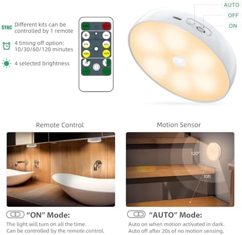 Warm Color LED Closet Lights Motion Sensor Puck Light, USB Rechargeable Battery Operated Puck Step Lights, Dimmable Under Cabinet Lighting for Counter Wardrobe Kitchen (6 Pack)