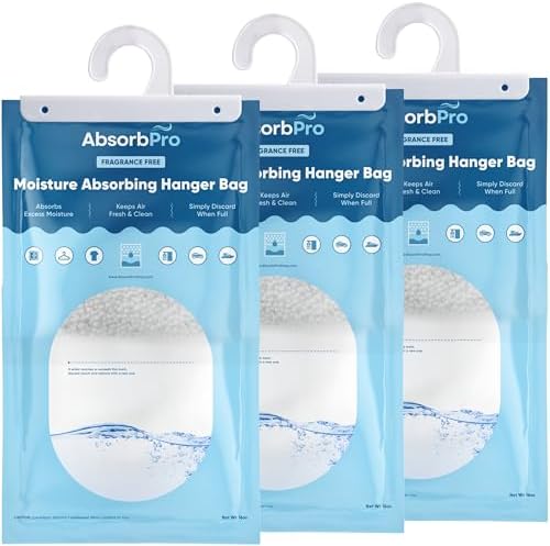 Absorb Pro - Moisture Absorbing Hanger Bag Fragrance Free - 3-Pack - 16 oz Hanging Dehumidifying Packs for Home, Kitchen, Bedroom, Bathroom, Closet, Small Rooms, Cars