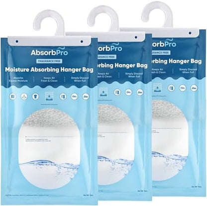 Absorb Pro - Moisture Absorbing Hanger Bag Fragrance Free - 3-Pack - 16 oz Hanging Dehumidifying Packs for Home, Kitchen, Bedroom, Bathroom, Closet, Small Rooms, Cars