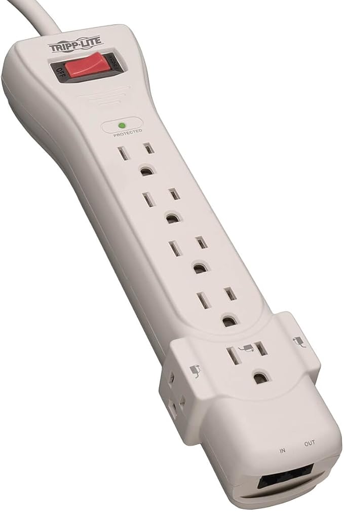 Tripp Lite 7 Outlet Surge Protector Power Strip, 6ft Cord, Right-Angle Plug, Fax/Modem Protection, RJ11, 50,000 Insurance (SUPER6TEL)