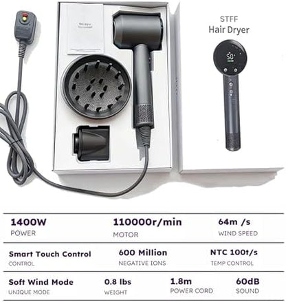STFF ion Hair Dryer high Speed brushless Motor with Blow Dryer Diffuser,1400W Ultra-Fast Dryer,Ultra-Ligh, Low Noise,Intelligent LCD Display,for Women/Children