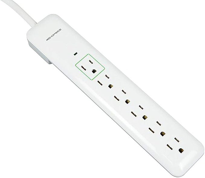 Monoprice 6 Outlet Slim Surge Protector Power Strip - 540 Joules, With Power/Circuit Breaker Switch, 500 Volts Clamping Voltage, UL Rated Cord, 3 Feet, White