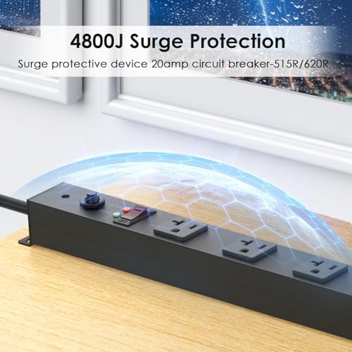 JUNNUJ Long Metal 16 Outlet Power Strip,Wide Spaced Wall Mount Metal Multiple Plugs for Industrial Garage Shop,Power Strip Surge Protection 4800J, 5-15P High Amp 6-20R T-Slot (Black, 6FT)