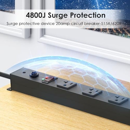 JUNNUJ Long Metal 16 Outlet Power Strip,Wide Spaced Wall Mount Metal Multiple Plugs for Industrial Garage Shop,Power Strip Surge Protection 4800J, 5-15P High Amp 6-20R T-Slot (Black, 6FT)