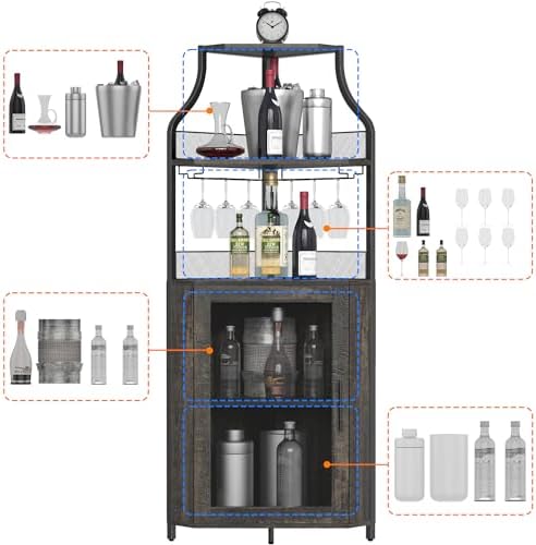 GAOMON Corner Bar Storage Cabinet, 5-Tier Farmhouse Liquor Cabinet with Glass Holder Wine Cabinet with Barn Door & Adjustable Shelf, Home Bar Storage for Home,Dining Room, Kitchen, Oak Gray