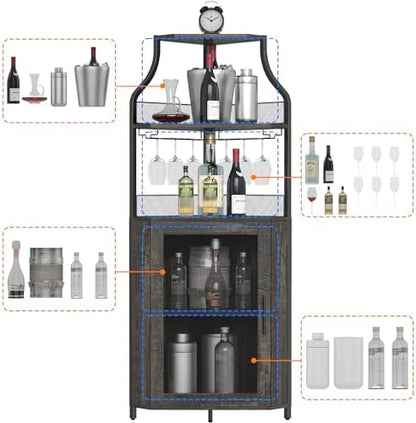 GAOMON Corner Bar Storage Cabinet, 5-Tier Farmhouse Liquor Cabinet with Glass Holder Wine Cabinet with Barn Door & Adjustable Shelf, Home Bar Storage for Home,Dining Room, Kitchen, Oak Gray