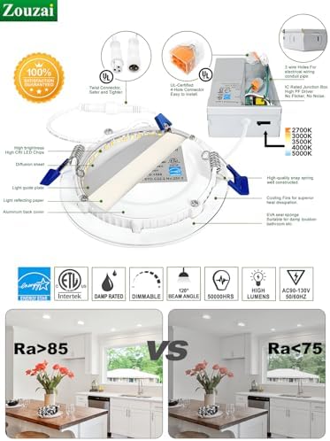 zouzai 6 Pack 4 Inch LED Recessed Ceiling Light, 810LM, 5CCT, Dimmable