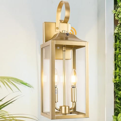 19" Dusk to Dawn Outdoor Wall Lantern 2-Light, Gold Outdoor Wall Lights