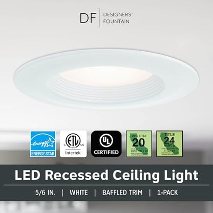 Designers Fountain LED Recessed Ceiling Light, 5/6 Inch 5CCT Metal Lighting Fixture, Dimmable, 1000 Lumens, 2700K/3000K/3500K/4000K/5000K, White Trim, EVL61093T50WH