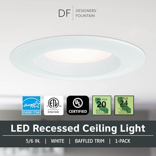 Designers Fountain LED Recessed Ceiling Light, 5/6 Inch 5CCT Metal Lighting Fixture, Dimmable, 1000 Lumens, 2700K/3000K/3500K/4000K/5000K, White Trim, EVL61093T50WH